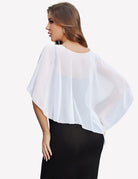 Sheer chiffon capelet with batwing sleeves, white wrap overlay (back view)