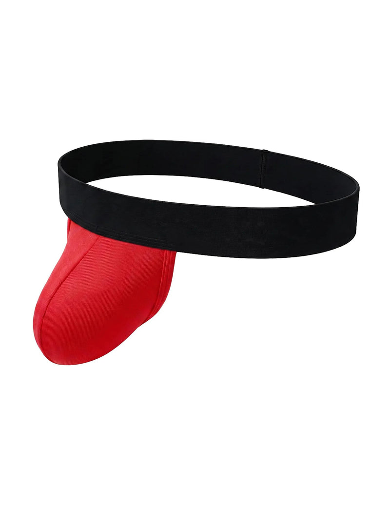 Men's dual-pouch jockstrap: black wide waistband, red pouch, open back thong style.