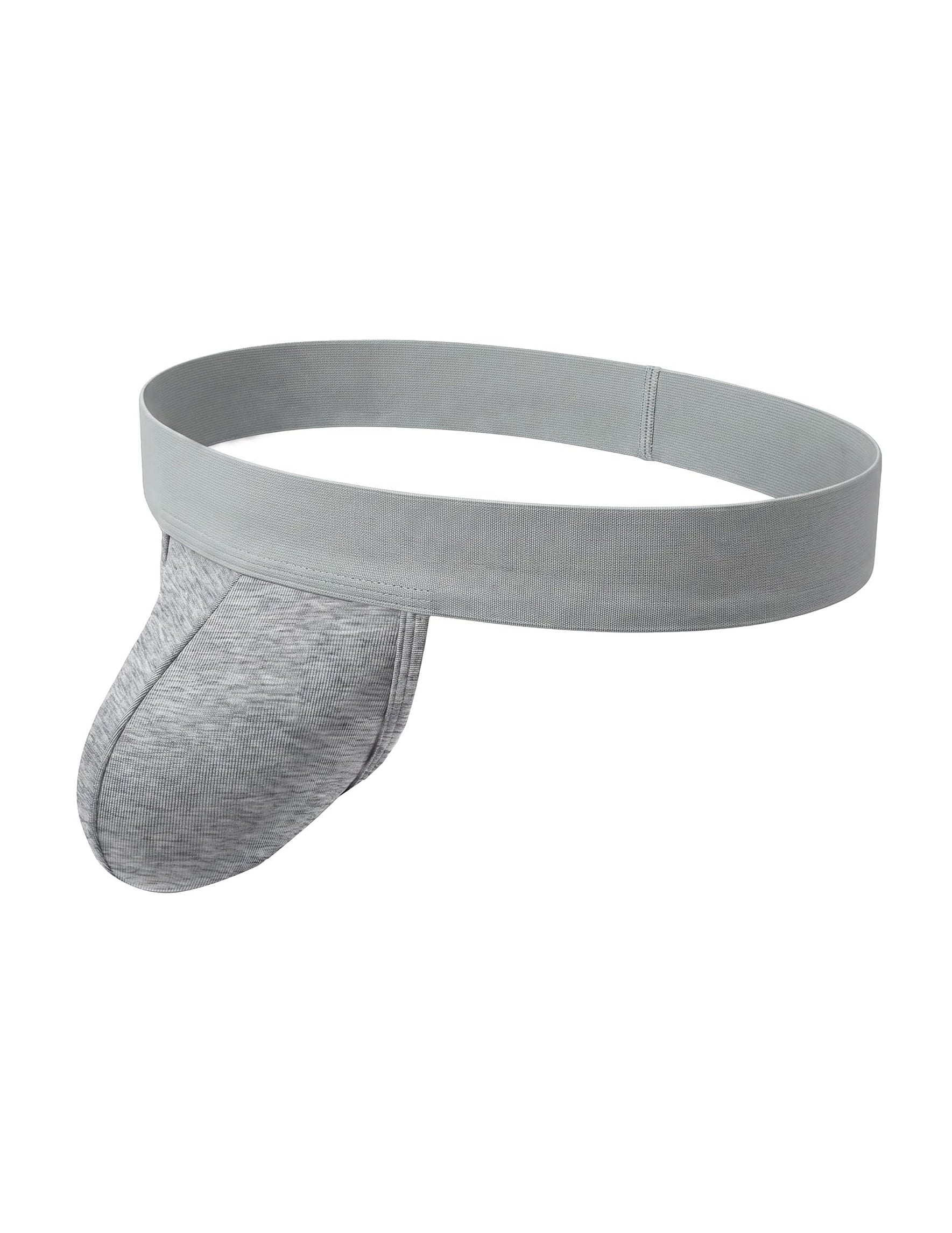 Men's dual-pouch jockstrap: light gray wide waistband, heather gray pouch, open back.