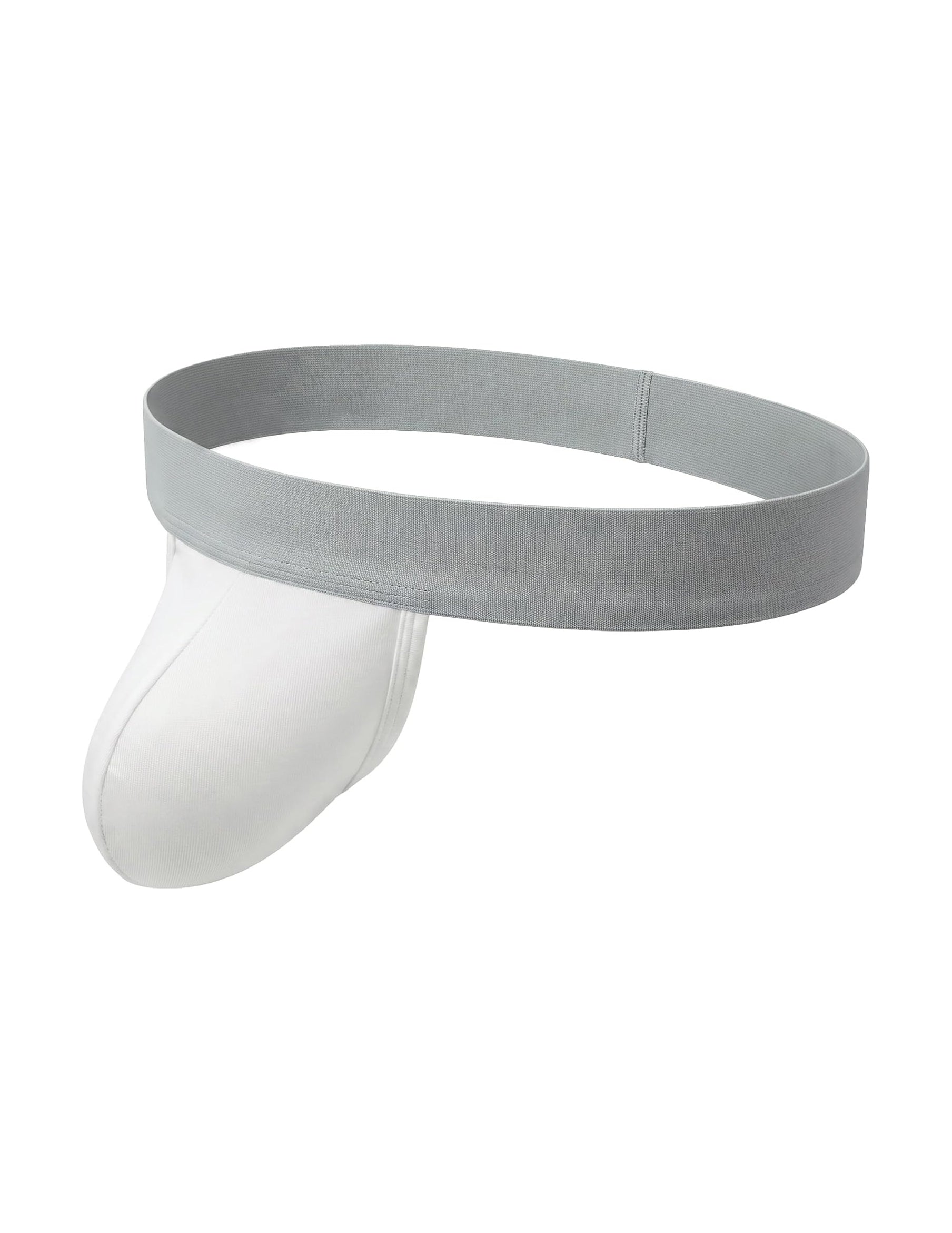 Men's dual-pouch jockstrap: light gray wide waistband, white pouch, open back thong style.