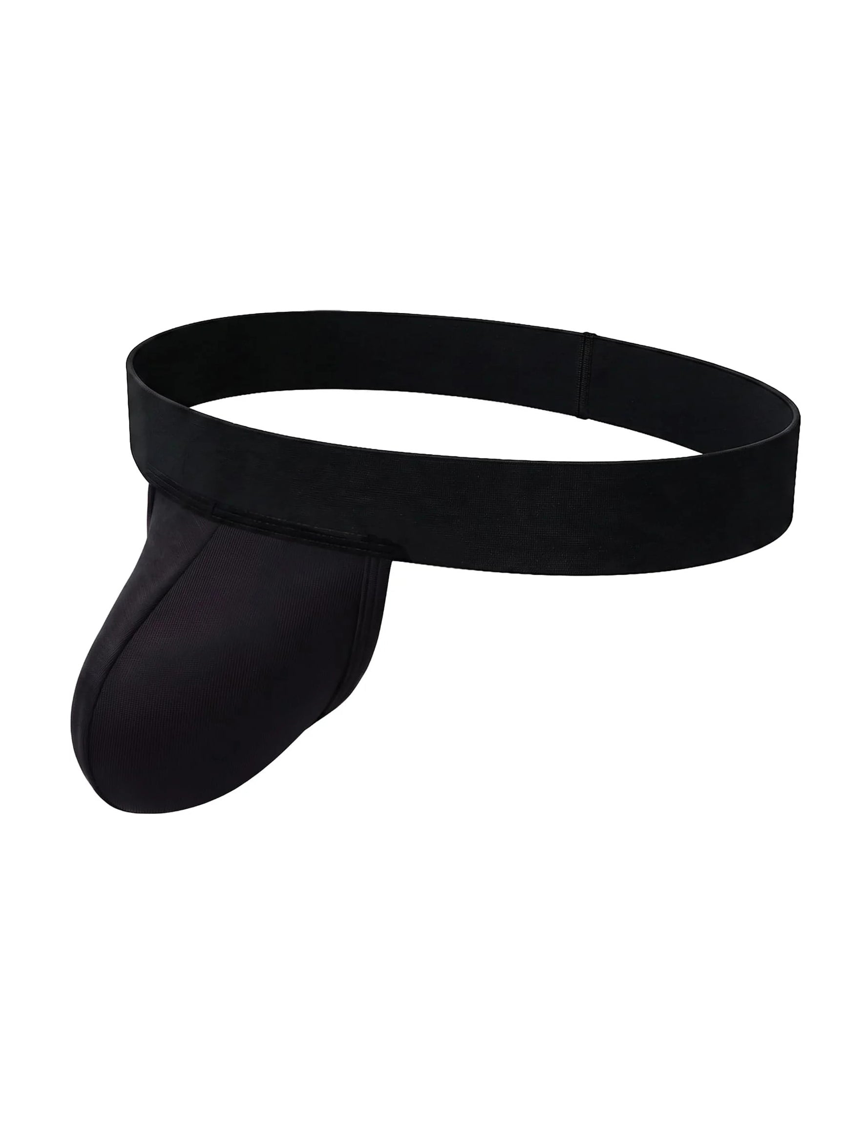 Men's dual-pouch jockstrap: black wide waistband, dark pouch, open back thong style.