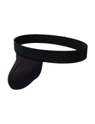 Men's dual-pouch jockstrap: black wide waistband, dark pouch, open back thong style.