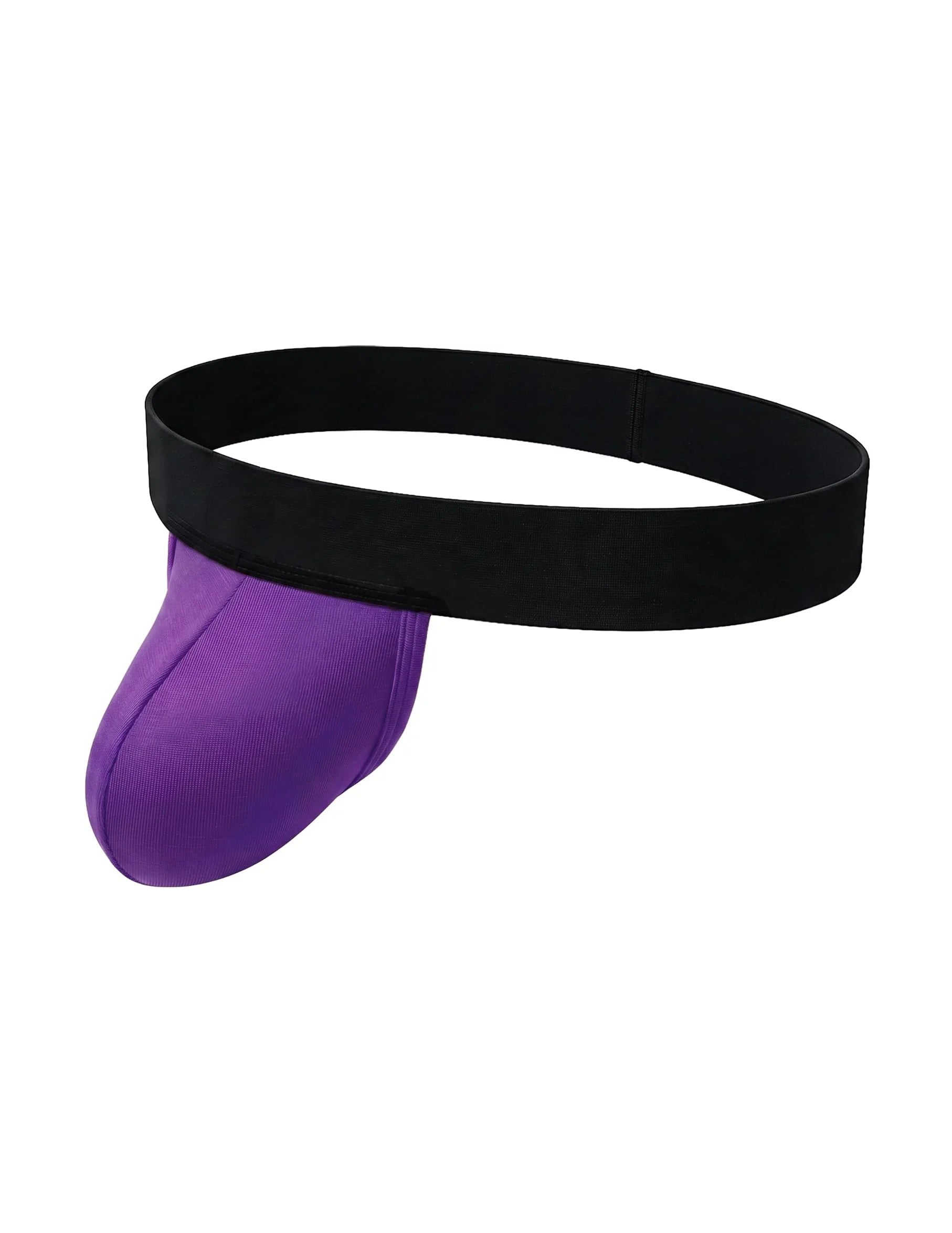 Men's dual-pouch jockstrap: black wide waistband, purple pouch, open back thong style.