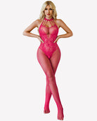 Red fishnet bodystocking with halter neck, strappy cutouts, crotchless mesh