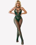 Green fishnet crotchless bodysuit with halter neck and open chest cutouts