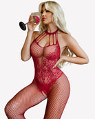 Red fishnet crotchless bodysuit with cutout neckline and vertical strap details