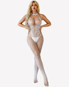White fishnet crotchless bodysuit with high halter neck and open chest panel