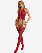 Wine red fishnet bodystocking with cutout stripe and garter-style straps
