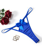 Satin bow low-rise thong, royal blue, hollow-out sides with satin ribbon bow