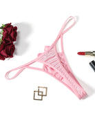 Satin bow low-rise thong, blush pink, hollow-out sides and bow at center