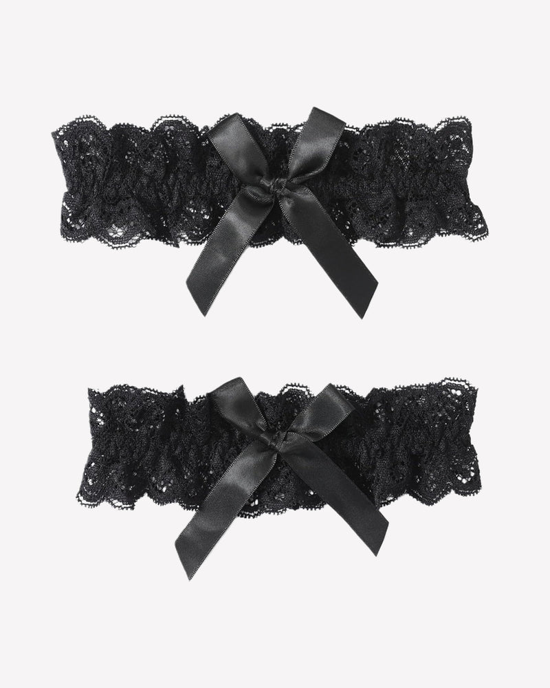 Black lace wedding garters set with scalloped lace and satin bow ribbons, 2-piece
