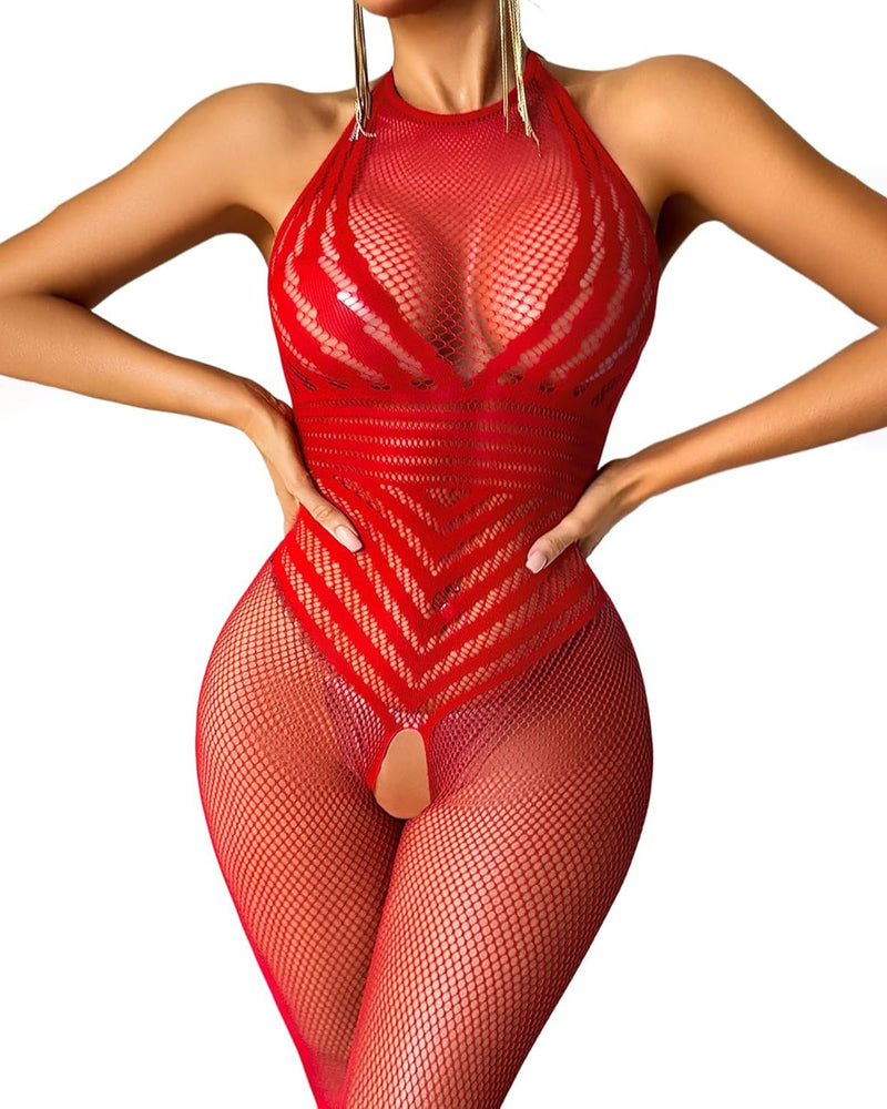 Red fishnet halter bodystocking with front oval cutout and high-cut legs