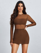 Brown long-sleeve mesh mini dress with mock neck, ruched bodycon fit