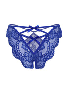 Back of royal blue lace thong panties with crisscross straps and bow details