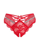 Red lace thong panties with rhinestone-accented straps and a floral front panel