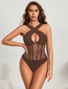 Brown sequin mesh bodysuit with crisscross straps and teardrop cutout
