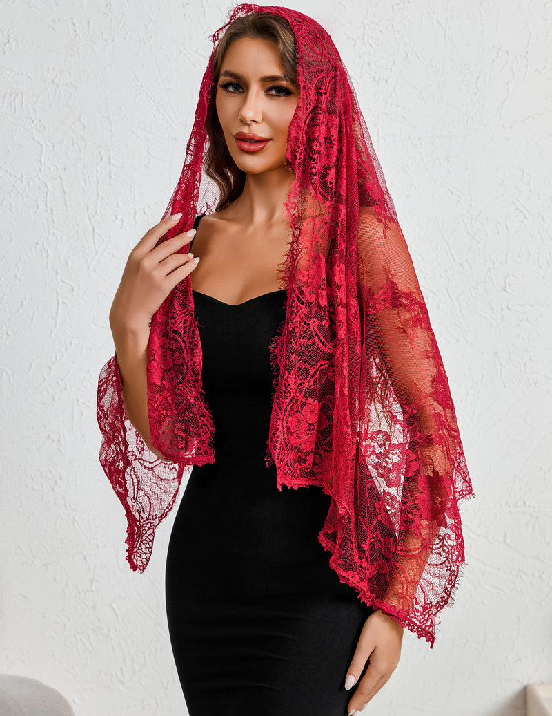 Dark red lace mantilla veil with scalloped lace edge, side drape over shoulders