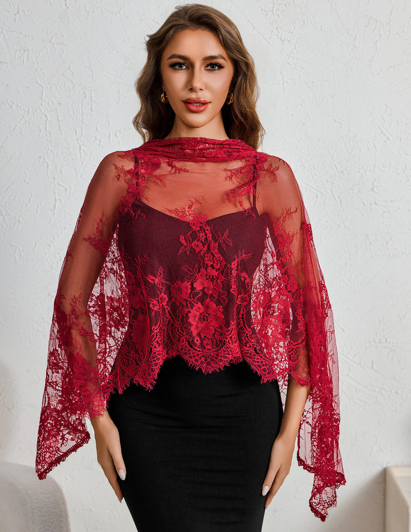 Dark red lace mantilla veil with scalloped edge, sheer floral lace overlay.