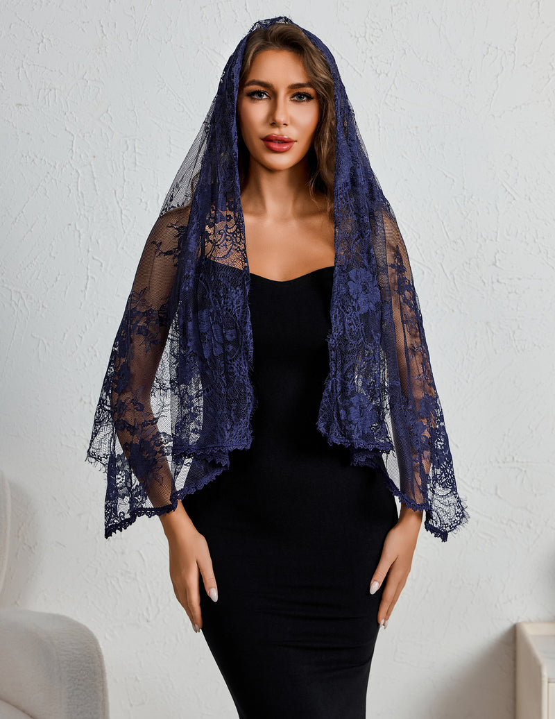 Navy-blue lace mantilla veil draped over shoulders with scalloped edge.
