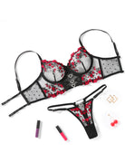 Black and red mesh bra and thong lingerie set with embroidered floral pattern