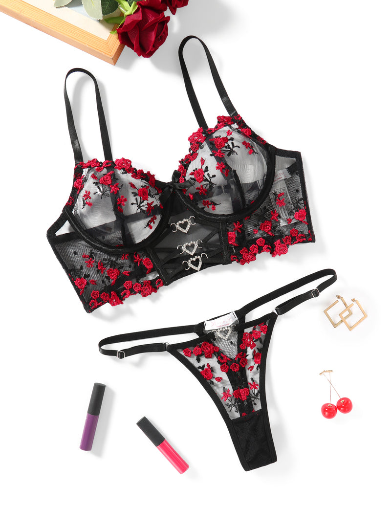 Black and red sheer mesh bra and matching thong with embroidered floral accents
