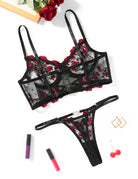Black and red embroidered mesh bra and thong set with heart-shaped applique