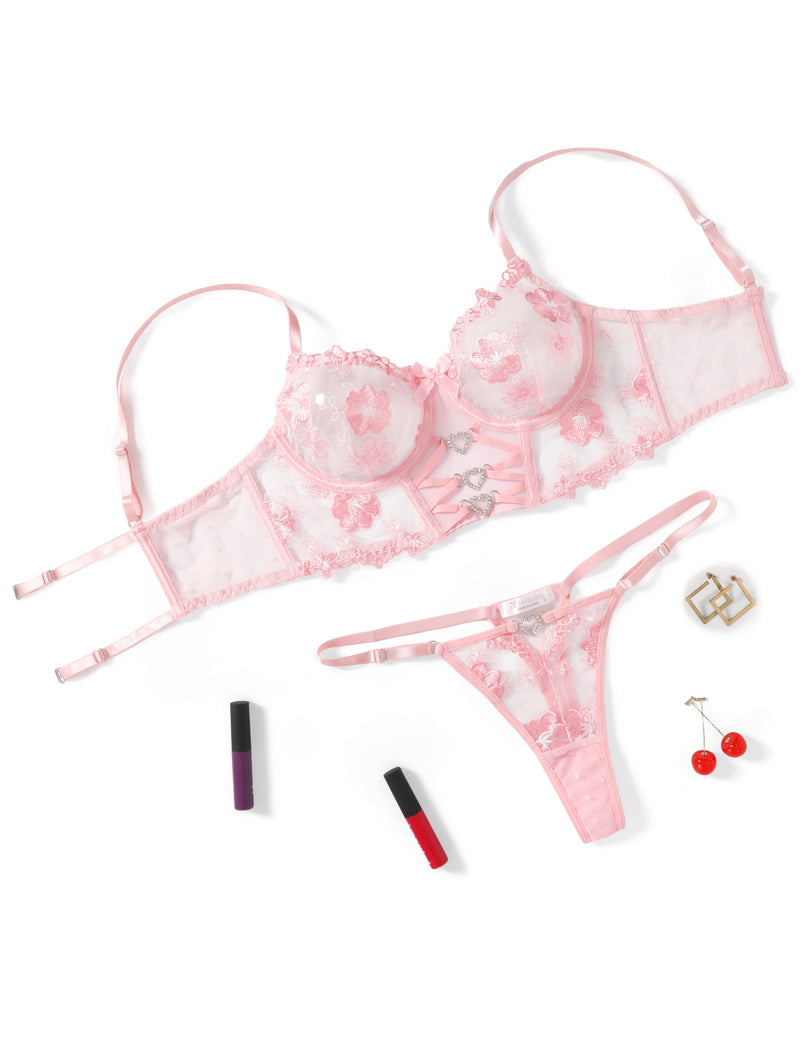 Pink embroidered mesh bra and thong set with sheer panels