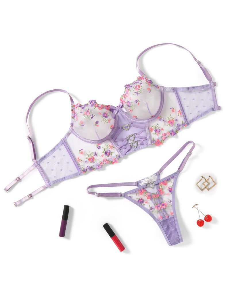 Lilac embroidered mesh bra and thong set with floral print and sheer panels