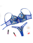 Royal blue mesh bra and thong set with embroidered floral detail and sheer sides