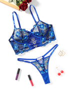 Royal blue embroidered mesh bra and thong set with floral appliques and heart trim