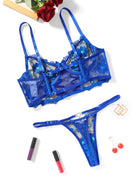 Blue embroidered mesh bra and thong set with floral lace details
