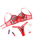 Red embroidered mesh bra and thong lingerie set with floral lace trim