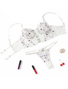 White embroidered mesh bra and thong set with purple floral bead accents