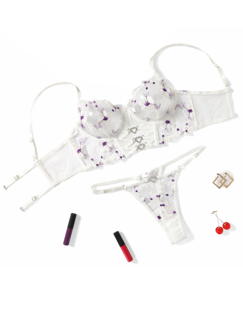 White embroidered mesh bra and thong set with purple floral bead accents