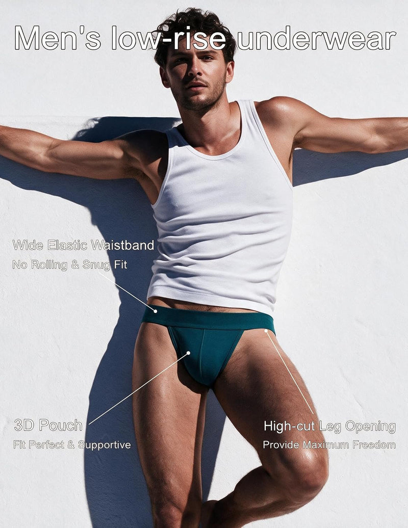 Teal men's low-rise jockstrap with wide waistband and open back, contoured pouch