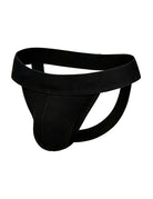Black men's jockstrap with wide waistband and open back, contoured pouch
