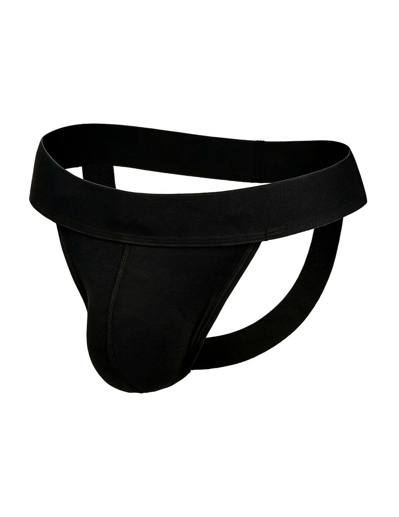 Black men's jockstrap with wide waistband and open back, contoured pouch