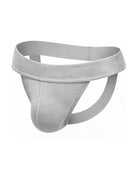 Light gray men's jockstrap with wide waistband and open back, contoured pouch