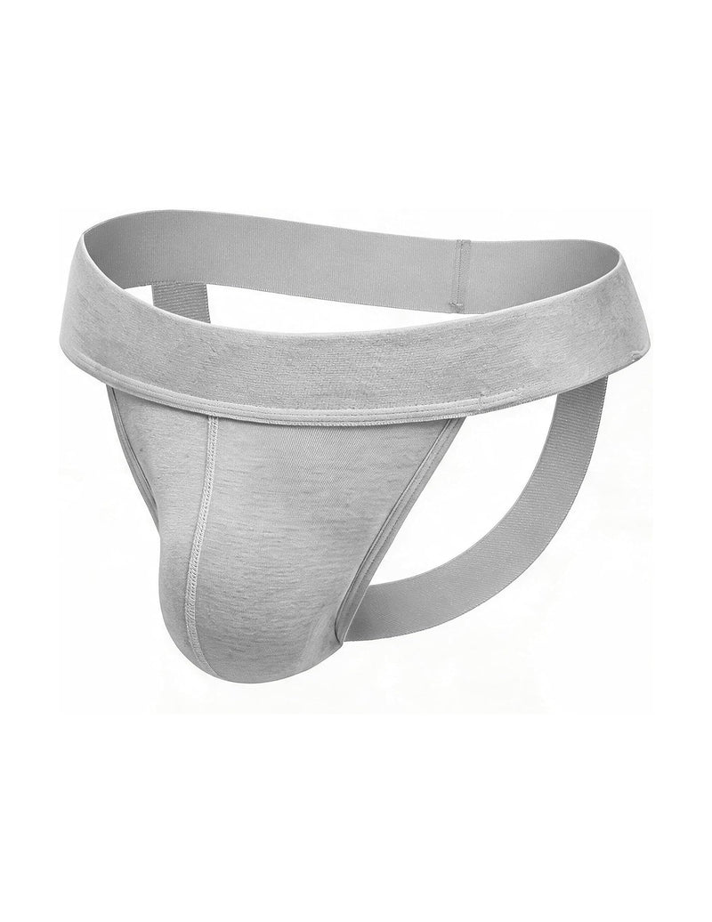 Light gray men's jockstrap with wide waistband and open back, contoured pouch