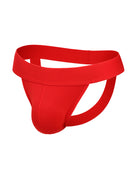 Red men's jockstrap with wide waistband and open back, contoured pouch