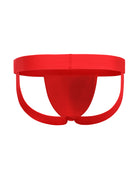 Red men's jockstrap with wide waistband and open back, contoured front pouch
