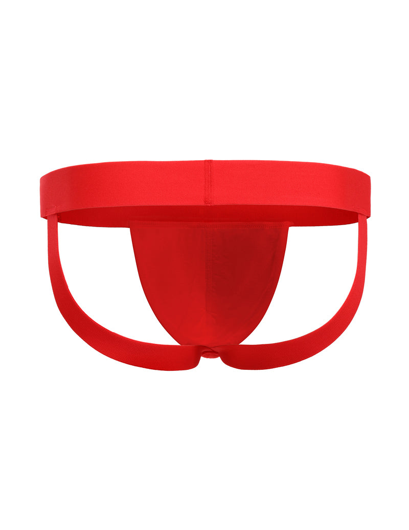 Red men's jockstrap with wide waistband and open back, contoured front pouch