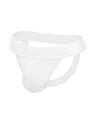 White men's jockstrap with wide waistband and open back, contoured pouch