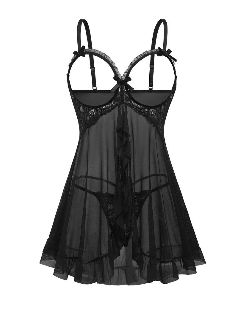 Black sheer babydoll with floral lace bust, adjustable straps, and matching thong
