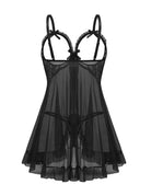 Back view of a black sheer babydoll with lace trim and a layered ruffled hem