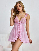 Pink lace babydoll chemise nightgown with plunging cups and layered ruffle hem