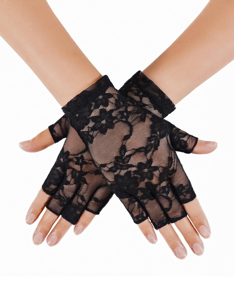 Floral lace fingerless gloves, short wrist, black sheer with floral pattern