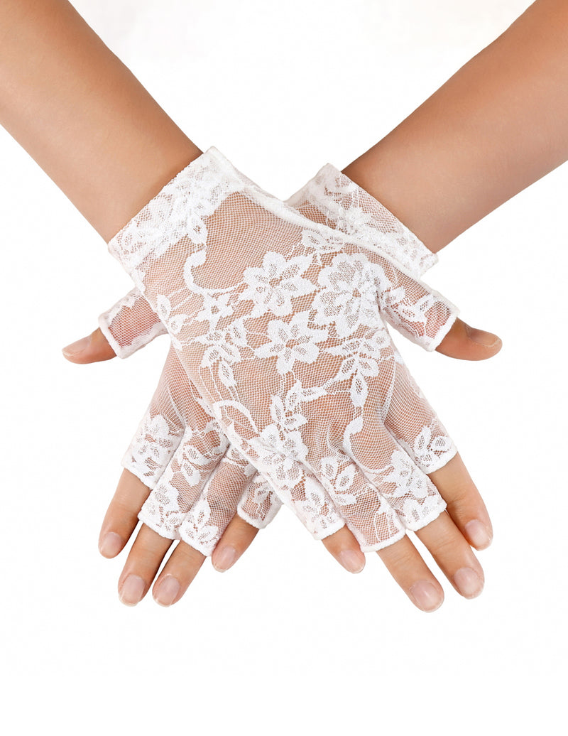 Floral lace fingerless gloves, short wrist, white sheer floral lace