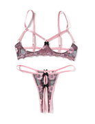 Floral embroidered wireless strappy bra and thong set, rose pink sheer mesh