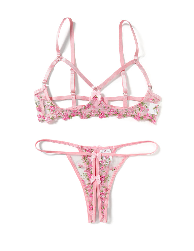 Floral embroidered wireless strappy bra and thong set, pink floral sheer mesh